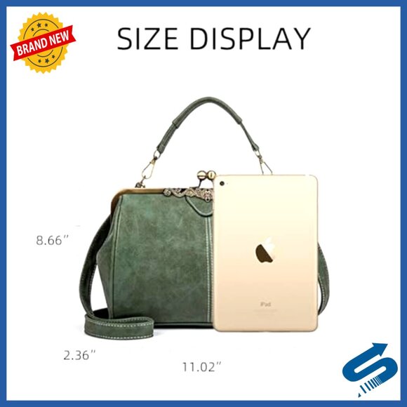 Vegan Leather Satchel with Kiss Lock Closure, Adjustable Strap, 11x8.6 Inches - Picture 7 of 7